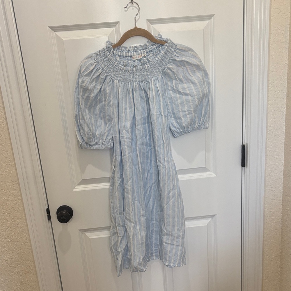 Blue Striped Puff Sleeve Dress